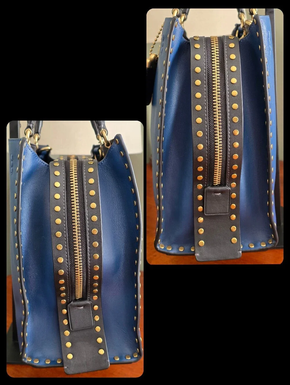 Coach CC381 Rogue 30 True Blue Colorblock Border Rivets Leather Satchel Bag